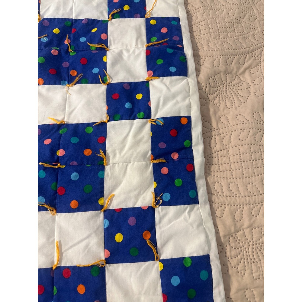 Handmade Patchwork Baby Quilt Blue Polka Dot Hand Tied Nursery Blanket 26x34 - Picture 3 of 8